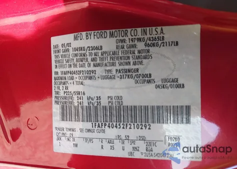 2002 Ford Mustang z USA, uszkodzony, nr VIN 1FAFP40452F210292